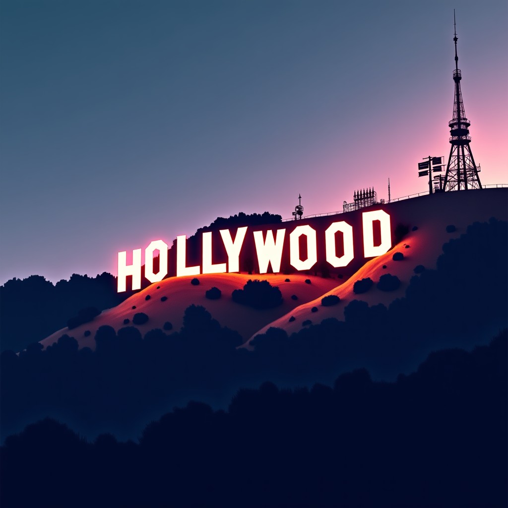 The Hollywood sign on a hill with digital glitches and pixels breaking apart the letters, cinematic lighting, dramatic sky, 4:3