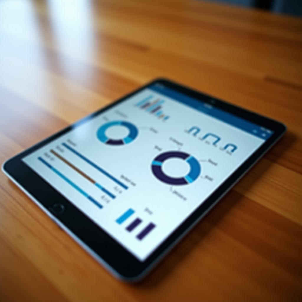 Close up of a sleek tablet displaying a procurement dashboard with charts and supply chain analytics, warm wooden desk background, lifestyle photography, 4:3