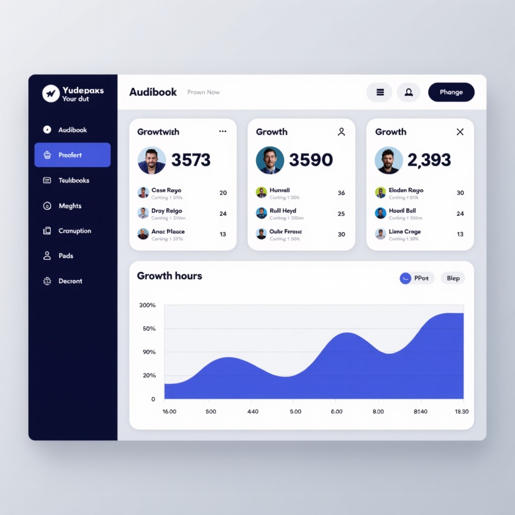 A clean and modern digital dashboard showing statistics for audiobook listening hours and growth charts, high contrast, sleek layout, 1:1