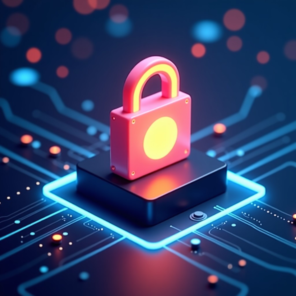 A conceptual illustration of digital security including a glowing padlock icon on a stylized server background. Cyber protection and data privacy theme. 4:3