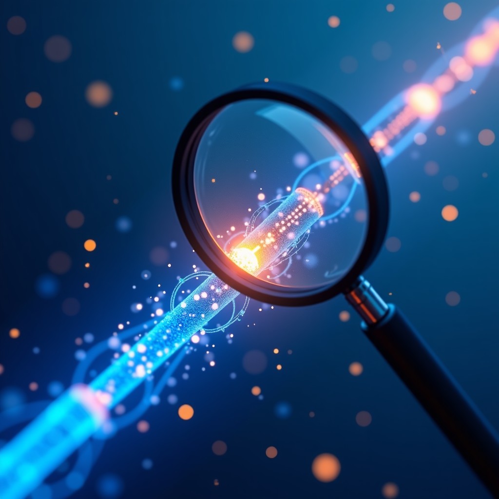 A conceptual illustration of digital data flowing through a pipeline with a magnifying glass inspecting it. Represents transparency and privacy concerns in Google Gemini Shopping. High contrast with blue and gold lighting. 4:3