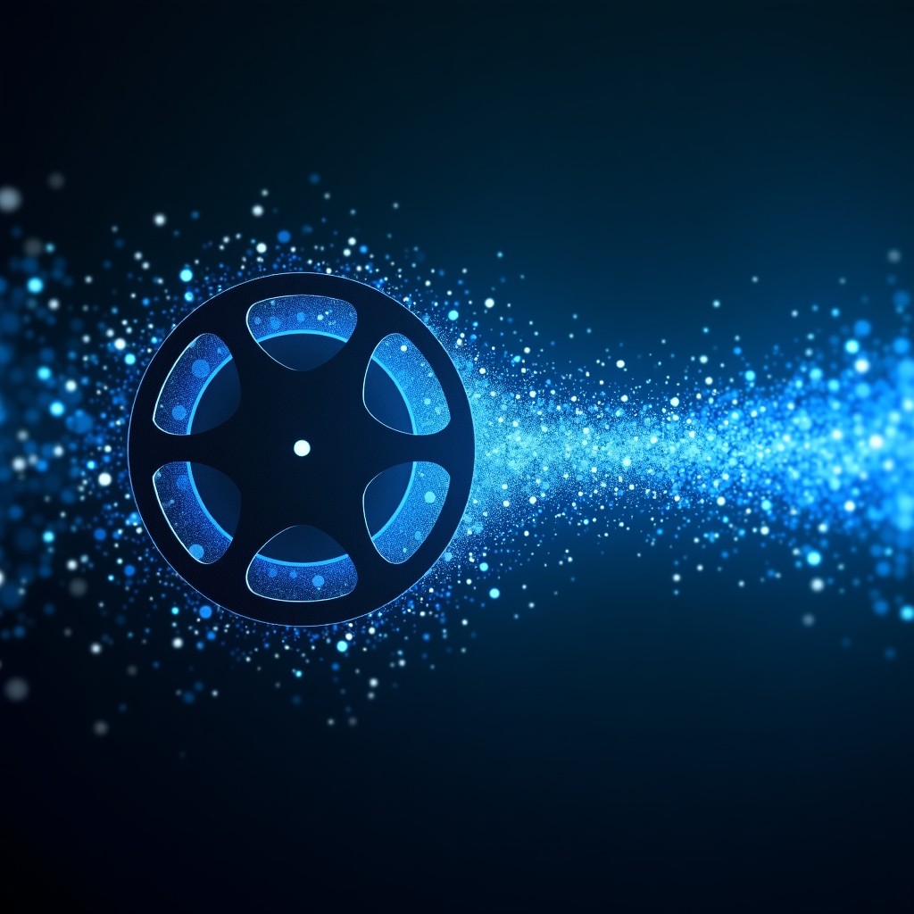 An artistic representation of a classic film reel dissolving into glowing blue digital data bits and pixels, symbolic of the transition from traditional film to AI technology, dark textured background, high contrast, 4:3