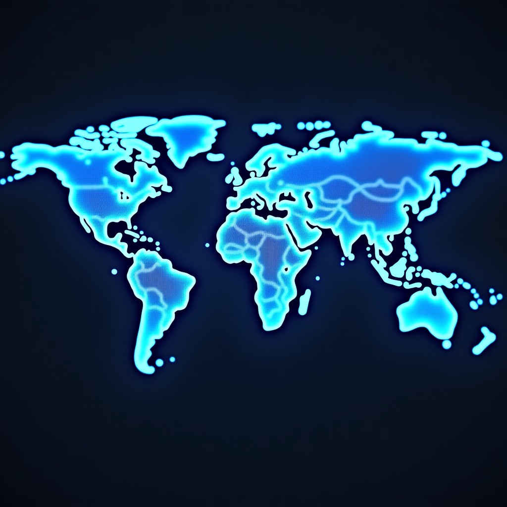 A global supply chain map glowing with digital blue data points highlighting interconnected risk zones on a dark background. High-tech infographic style, vibrant colors, wide angle view. 4:3