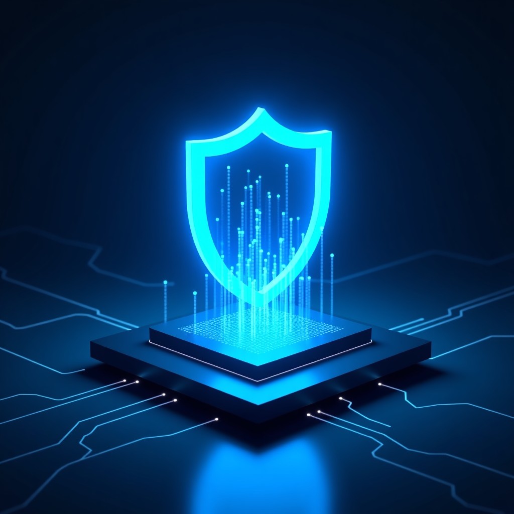 A glowing blue digital shield surrounding a cluster of data nodes against a dark tech background. 4:3