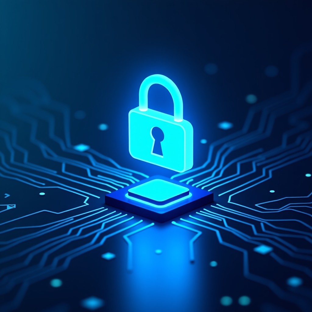 A conceptual illustration of digital data security. A glowing blue padlock icon floating above a circuit board pattern with soft light effects. Informational high contrast design, futuristic style. 1:1
