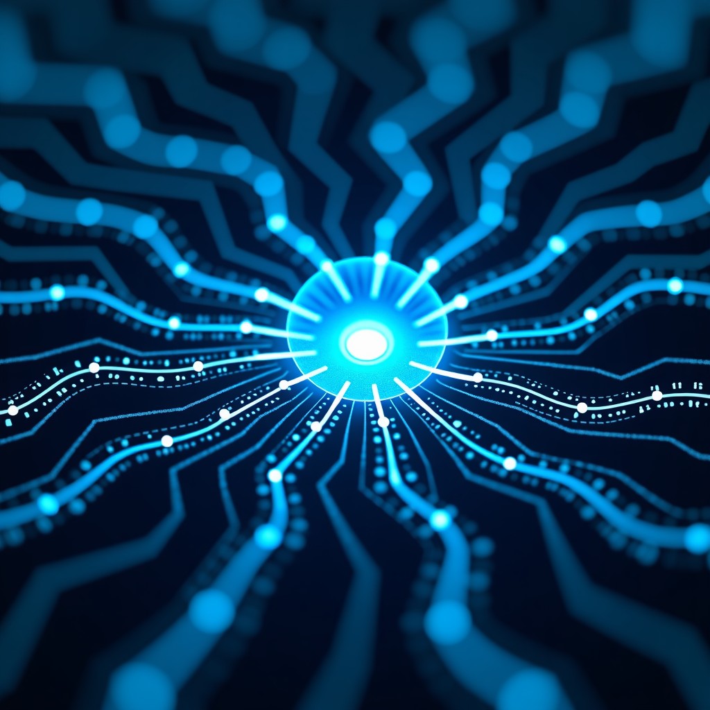 Conceptual illustration of digital surveillance showing streams of binary code and data nodes being analyzed by a central lens, futuristic and dark blue tones, detailed composition, 1:1