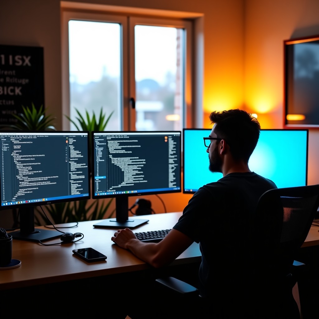 A professional developer working in a cozy modern office with multiple monitors displaying code and data visualizations, warm interior lighting, natural sunlight through a window, clean and organized workspace, 1:1
