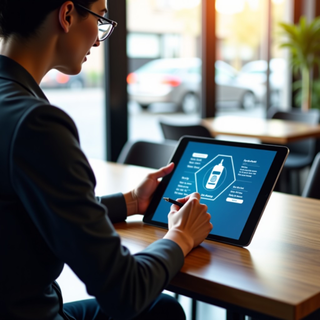 A professional person working with a tablet and digital pen in a bright modern cafe, focus on the screen showing AI interaction, natural lighting, high quality photography, 4:3