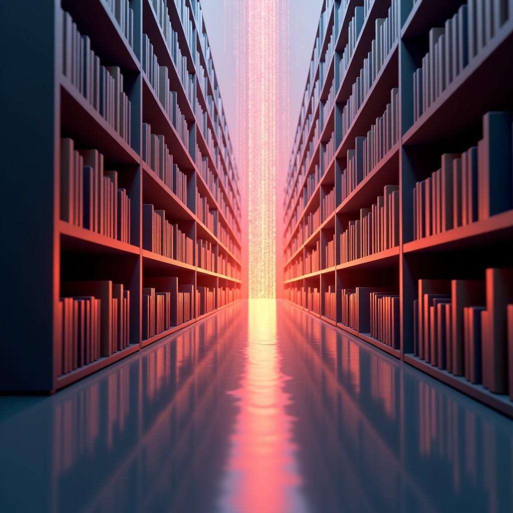An abstract digital library where books and articles transform into glowing binary code strings entering a central AI processor. Professional and clean aesthetic. 4:3