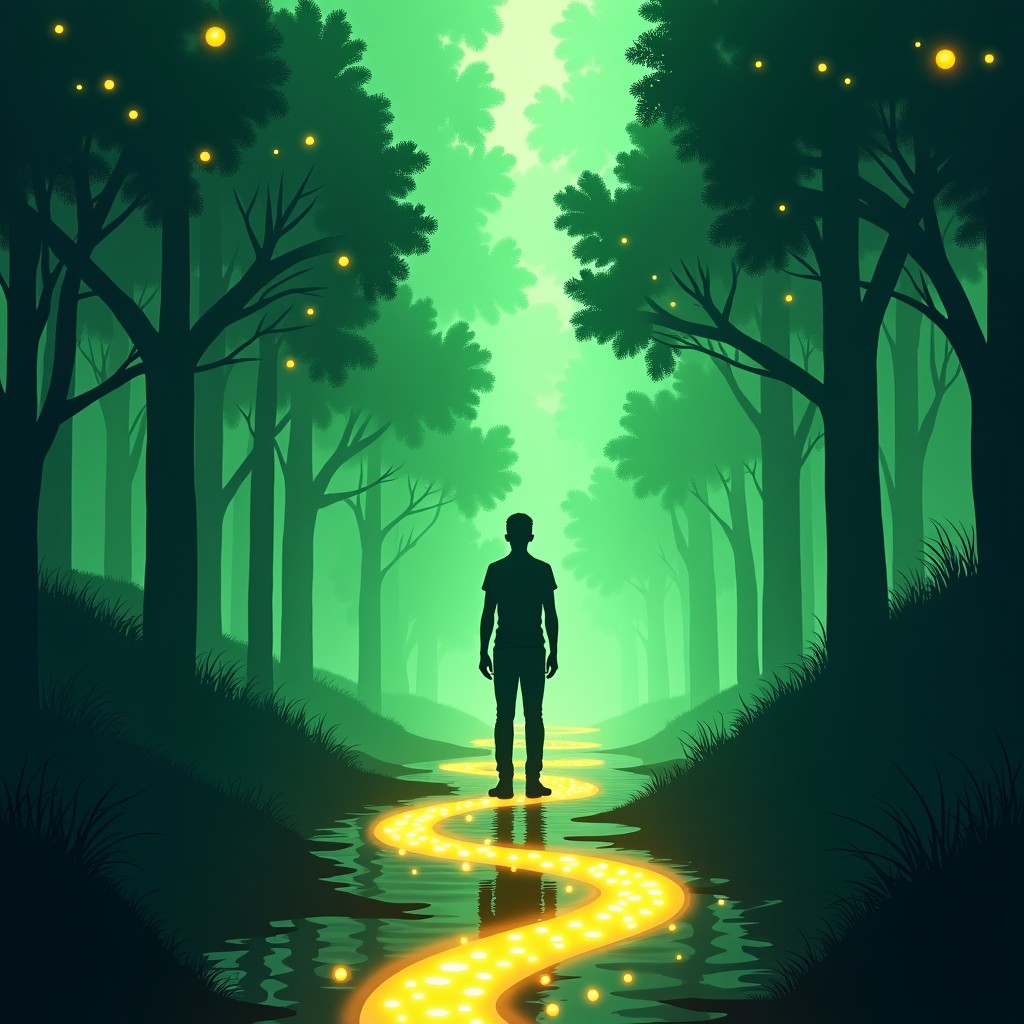 A modern person standing at a crossroads of digital paths, one path leading to glowing corporate logos and another path leading to a lush green forest of independent open-source icons, high contrast, cinematic lighting, 4:3