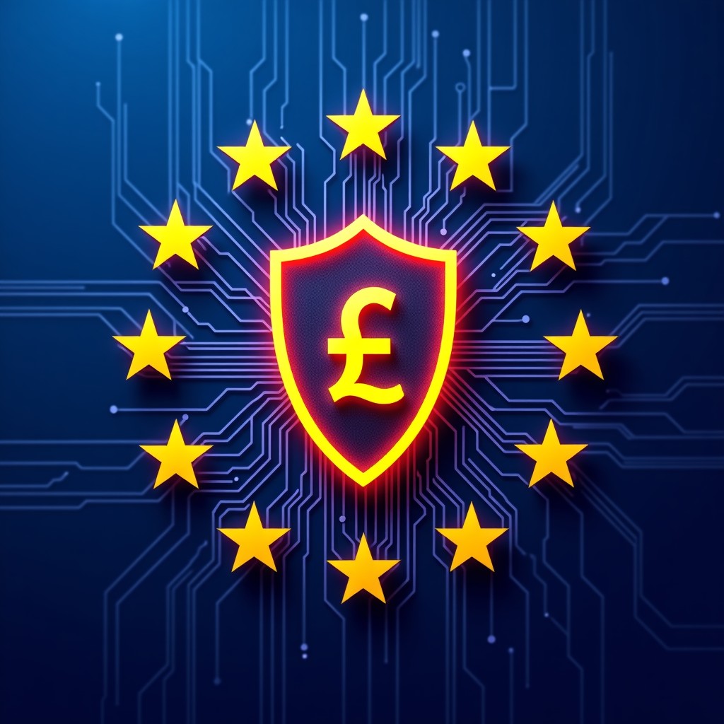 A detailed composition of a European flag integrated with digital circuit patterns and a glowing shield icon, symbolizing the protection of digital sovereignty. Symmetrical and visually rich layout, 4:3.