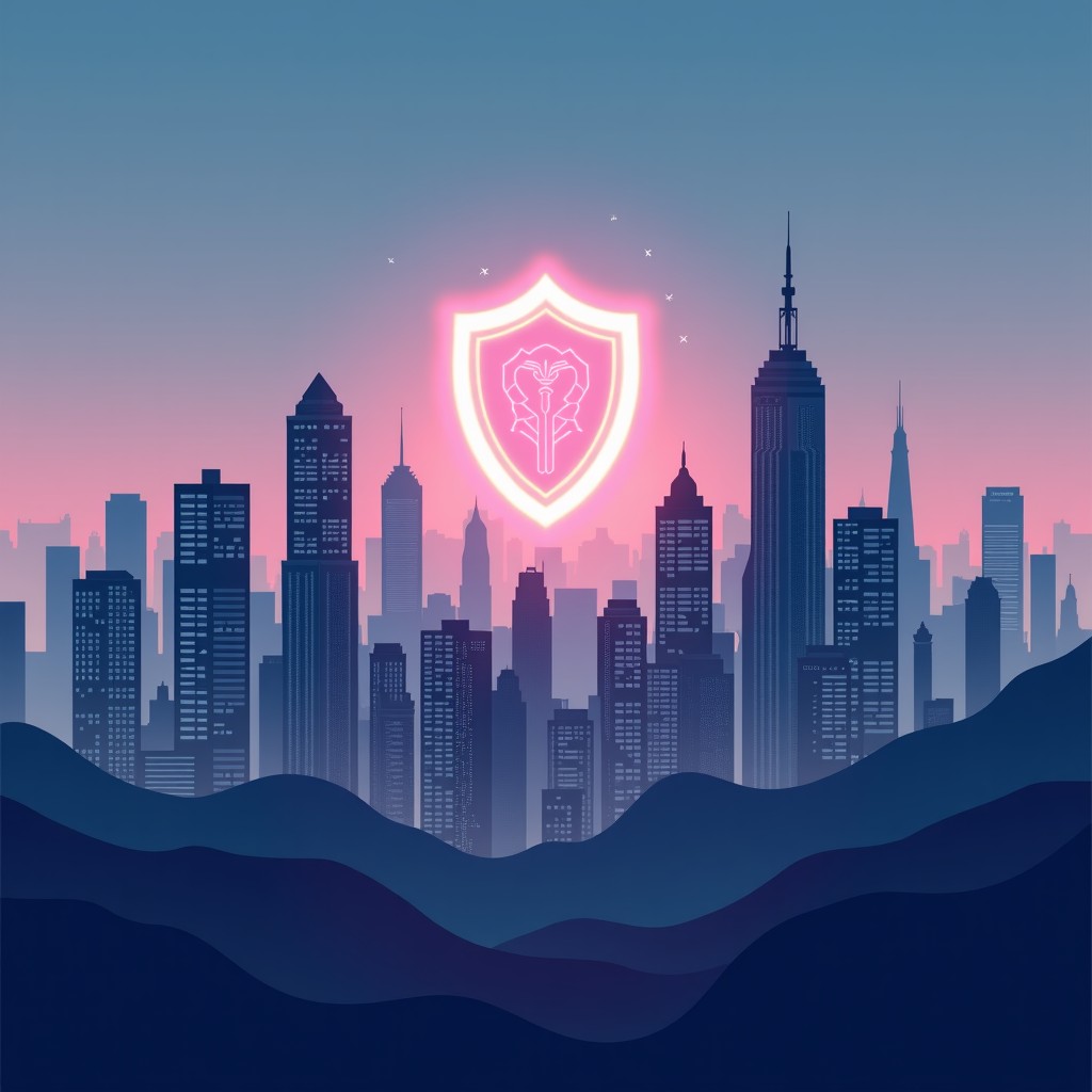 A wide angle view of a futuristic city skyline with a glowing shield icon symbolizing data protection, dusk lighting, soft gradients, clean and hopeful atmosphere, 4:3