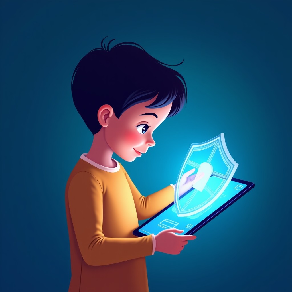 A symbolic illustration of a digital shield protecting a child using a tablet, glowing blue security patterns, warm and safe atmosphere, high quality digital art style, 4:3