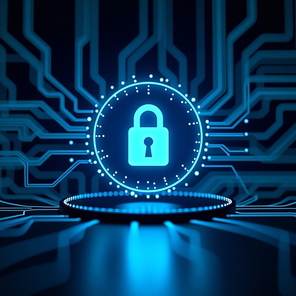 A professional digital security concept with glowing blue circuit lines and a padlock icon on a computer screen, representing cryptocurrency protection and cyber threats, high contrast, modern technology background, 4:3