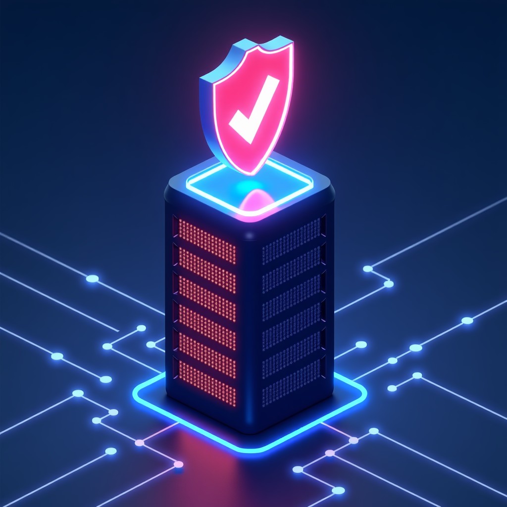 Conceptual representation of digital privacy, a shield icon over a server rack, futuristic neon lights, secure data flow, 4:3