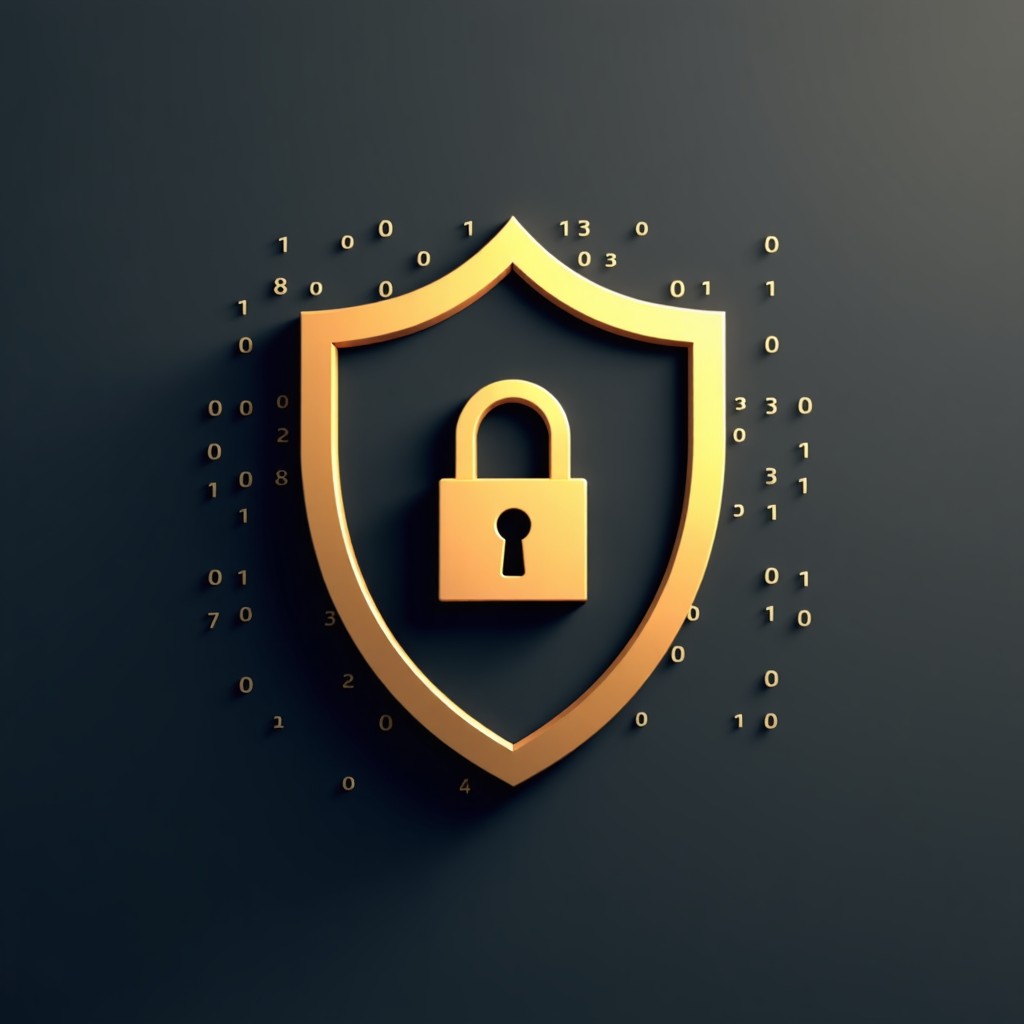 A sophisticated 3D render of a digital shield and lock icon integrated with binary code streams. Elegant dark grey and gold color palette representing premium security. 4:3