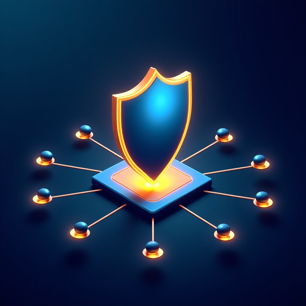 A conceptual image of a digital shield glowing over a network of interconnected nodes, representing integrity and professional trust, blue and gold color palette, sleek design, 4:3
