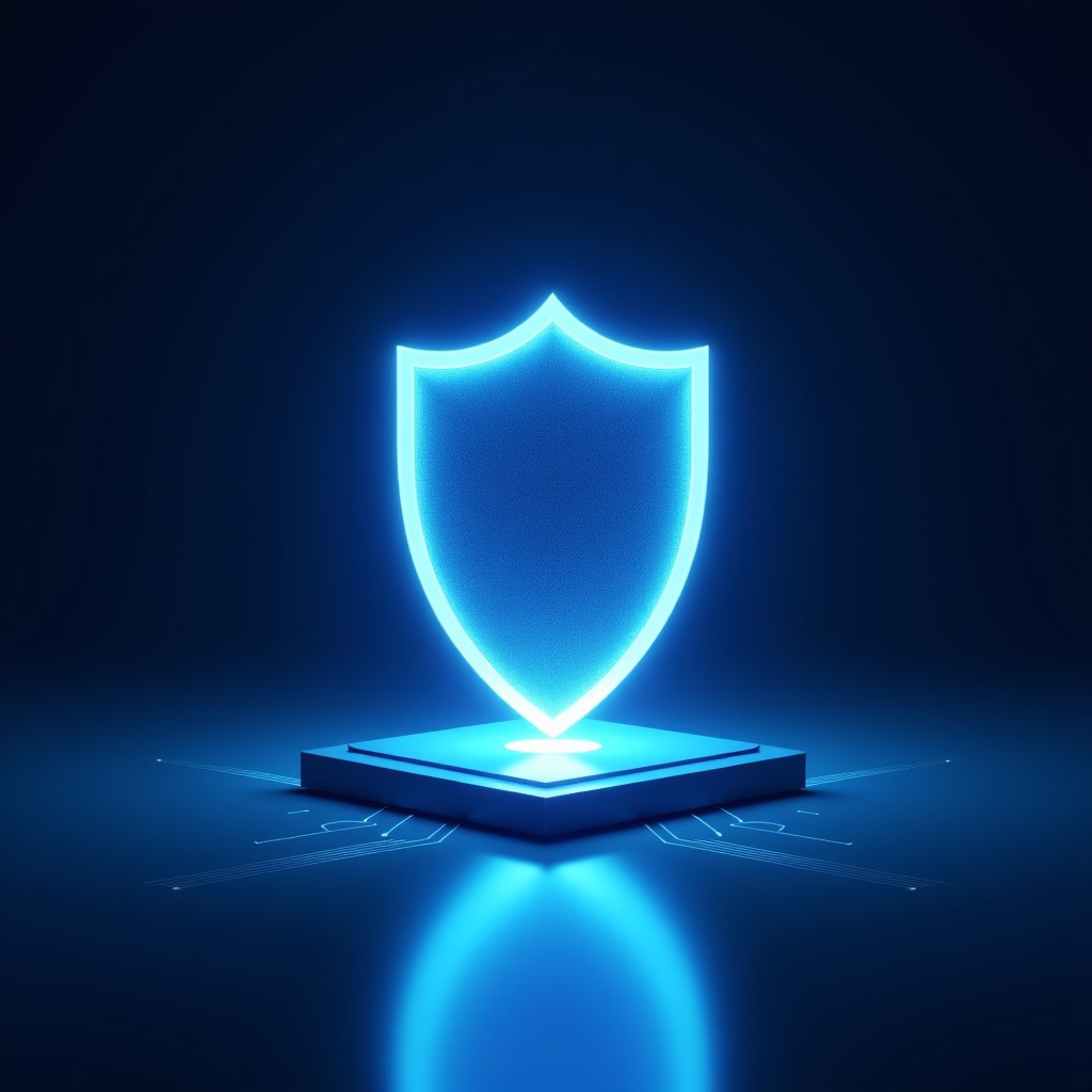A sophisticated 3D render of a glowing digital shield made of light pixels, protecting a central processor unit. The background is a deep navy blue with subtle data flow patterns. The lighting is balanced and professional, symbolizing security, trust, and advanced AI safety. Clean composition, 4:3