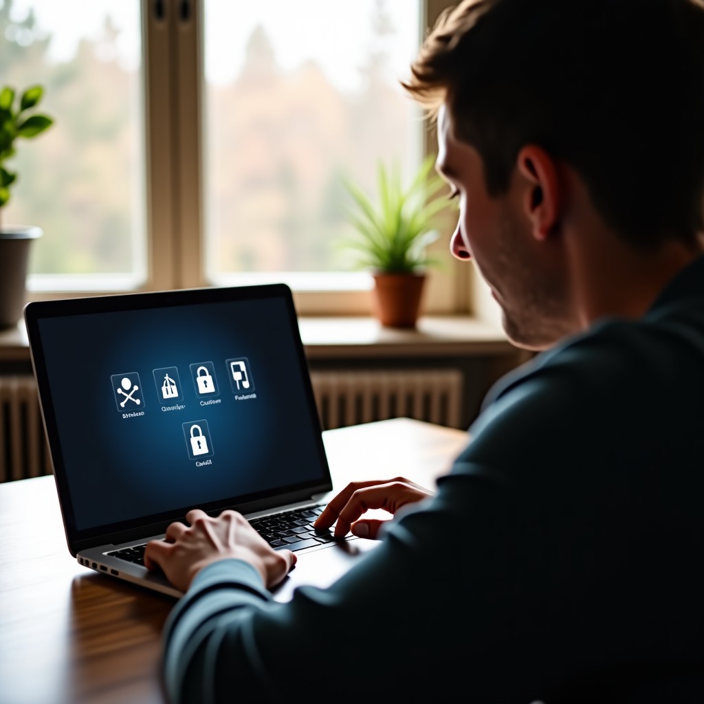 A person focused on a laptop screen in a cozy room, natural morning light, reflection of security icons on the screen, realistic photography, 4:3