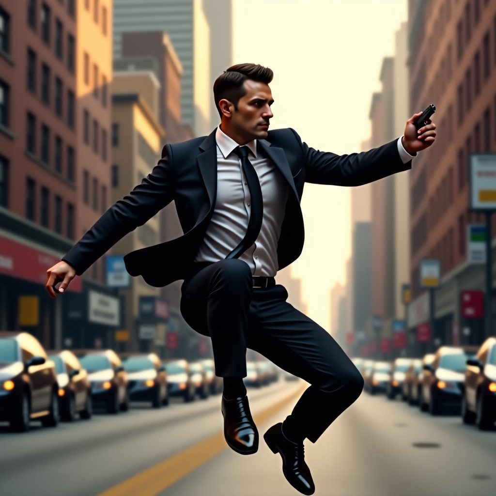 A high-quality digital double of a famous male action star performing a stunt in a cinematic city environment, hyper-realistic details, dramatic lighting, sharp focus, 4:3
