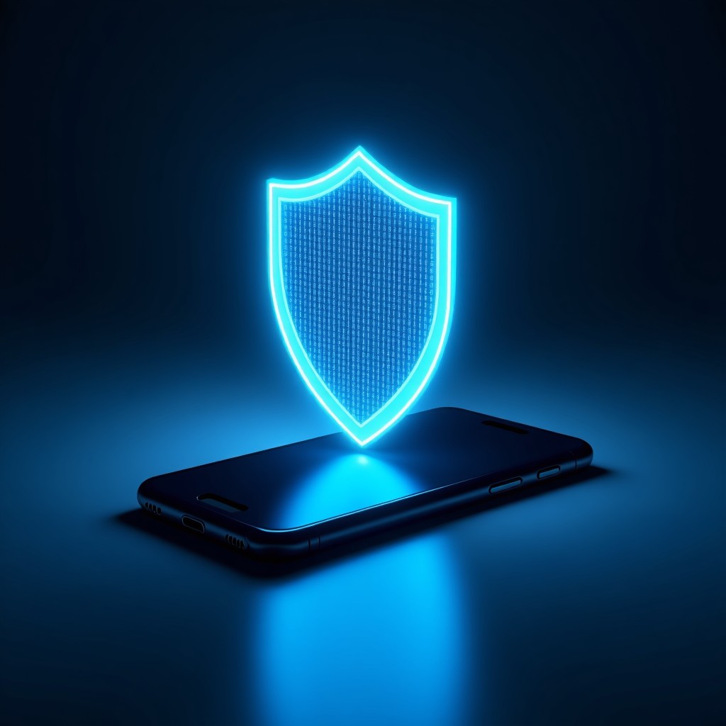 A conceptual image of a glowing digital shield protecting a smartphone from dark binary code waves, modern and clean aesthetic, high contrast. 4:3