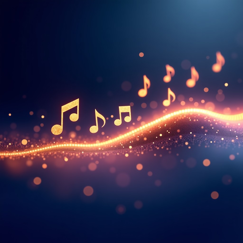 A conceptual illustration showing digital sound waves transforming into golden musical notes. The background features a deep blue and purple gradient with soft light particles. Clean infographic style, modern layout, high contrast. 1:1