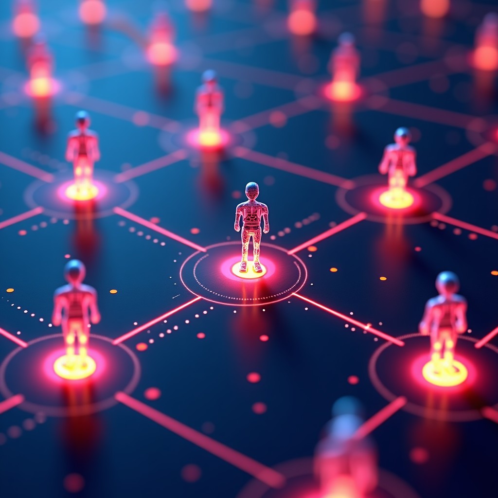 A conceptual visualization of multiple AI agents collaborating in a digital network. Glowing connecting lines, abstract robotic figures, futuristic data flow, vibrant colors, 4:3