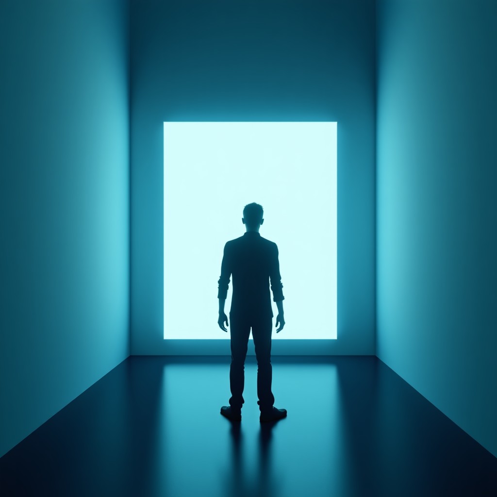 A minimalist digital room with a human silhouette looking at a floating holographic interface, cold blue lighting, cinematic atmosphere, 4:3
