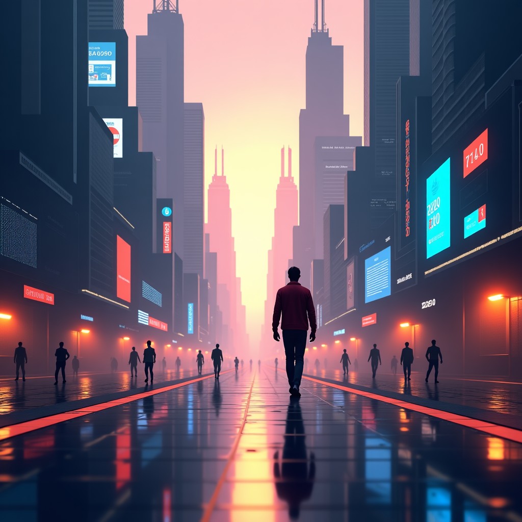 A futuristic city where digital data flows are integrated into daily life, symbolizing the era of ubiquitous AI, realistic composition, warm and hopeful lighting, 4:3