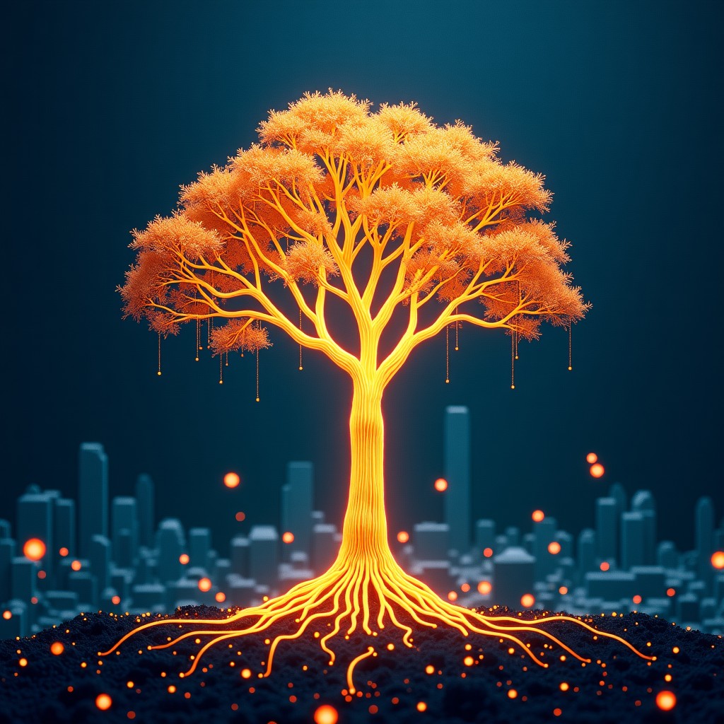 An artistic rendering of a glowing digital tree made of circuit lines and binary code, rooted in a futuristic city landscape. Textured background with deep blue and gold accents. 1:1