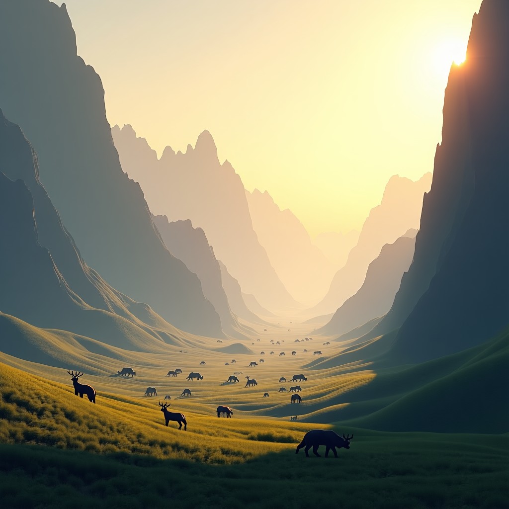 A wide shot of a vast digital valley under a soft morning light. Hundreds of different creatures are migrating across the landscape. Serene and futuristic atmosphere, high detail, 4:3