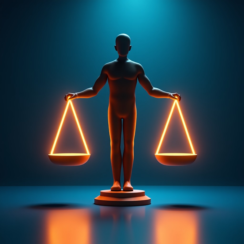 A symbolic representation of a person standing between a digital scales of justice, one side military tech, other side human ethics, glowing digital background, 4:3