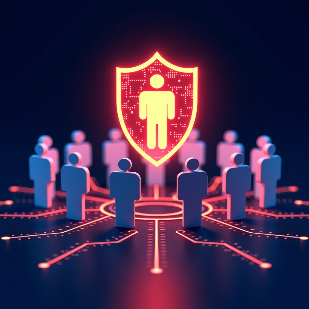 Abstract representation of digital ethics. A glowing shield protecting a network of human figures from distorted digital data flows. Modern infographic style, vibrant colors on a dark background, high contrast, clean lines. 4:3