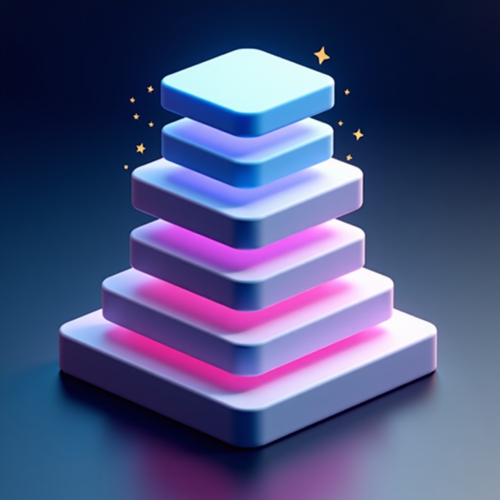 A sleek 3D visualization of a software stack. Layers of digital blocks representing data, models, and applications. Bright and modern lighting with high contrast. 4:3