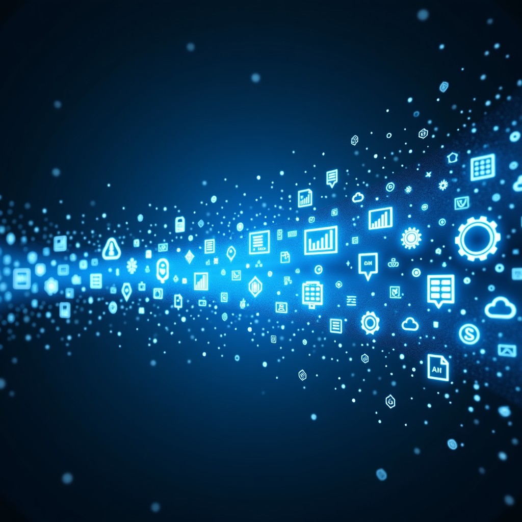 A cinematic image of various digital software icons like gears, spreadsheets, and clouds dissolving and transforming into glowing blue and white AI binary codes. The lighting is high-contrast and modern, symbolizing a technological transition. 4:3