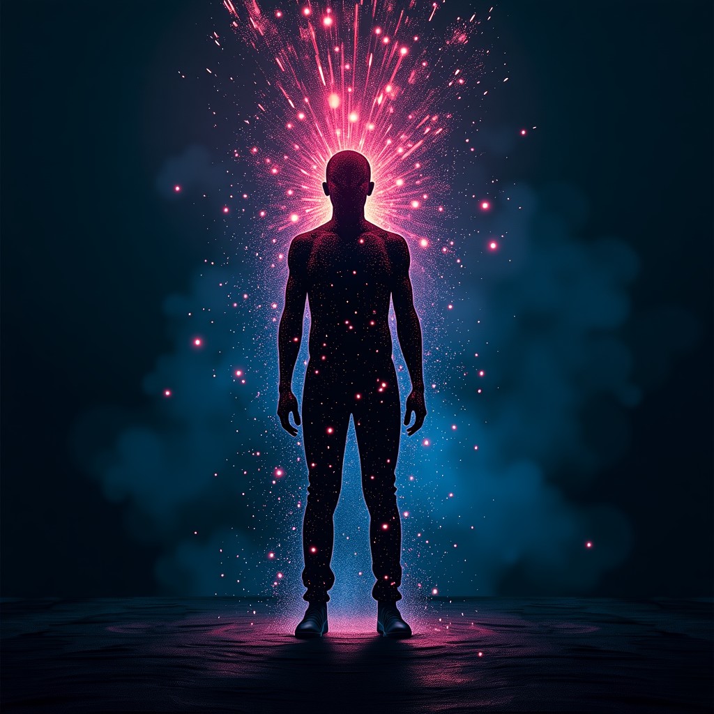 An artistic rendering of a digital human silhouette dissolving into fragments of code and glowing particles. Dark background with neon glitch effects suggesting misinformation and digital chaos. High contrast and textured background. 1:1