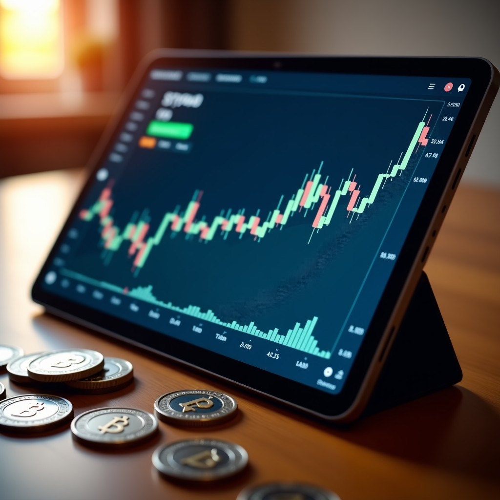 Close up of a tablet screen displaying financial charts and digital betting tokens with warm lighting on a wooden desk. 1:1