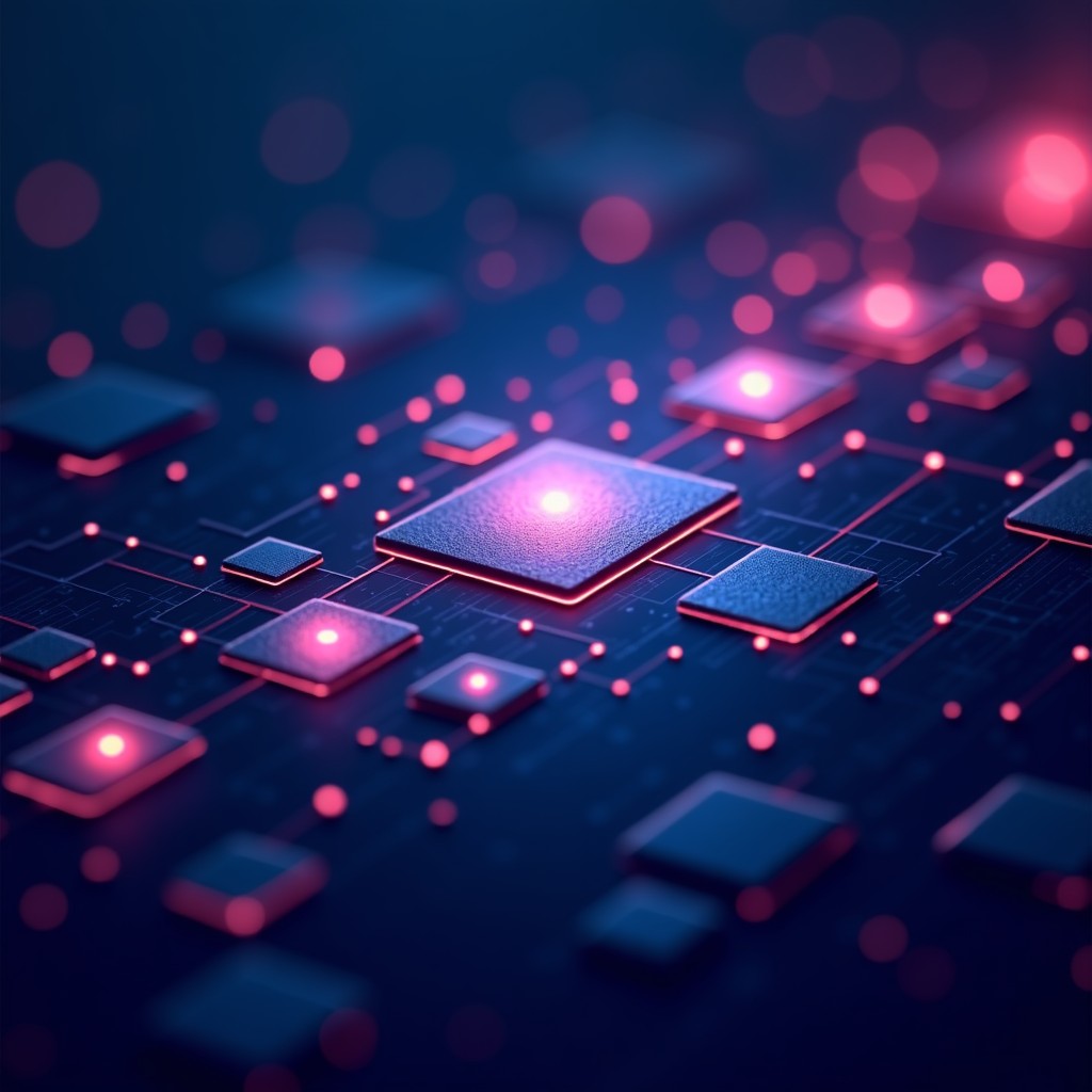 Abstract digital visualization of video frames and data blocks connecting together, glowing lines, dark blue and purple gradient background, high tech aesthetic, 4:3