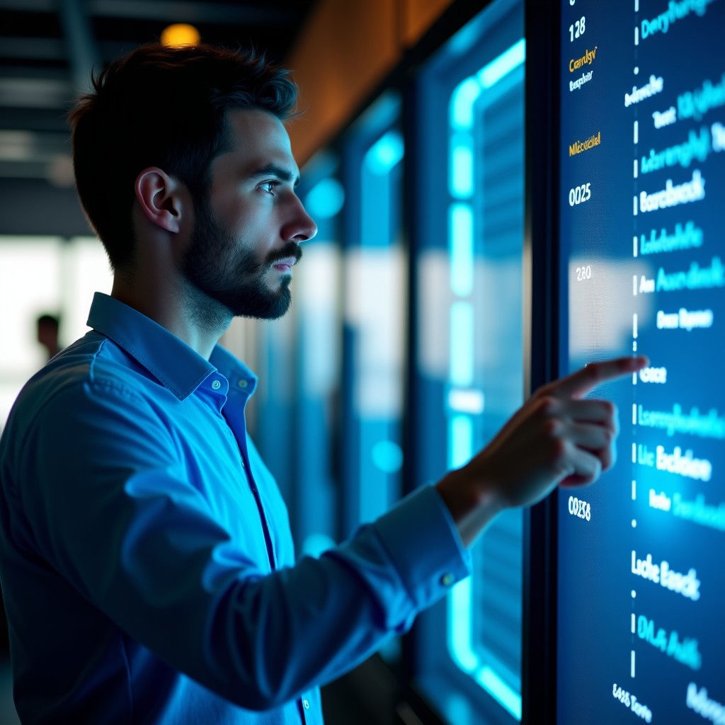 Professional tech expert monitoring a large digital interface showing energy grid and data center performance, focused expression, modern office interior, soft lighting, 4:3