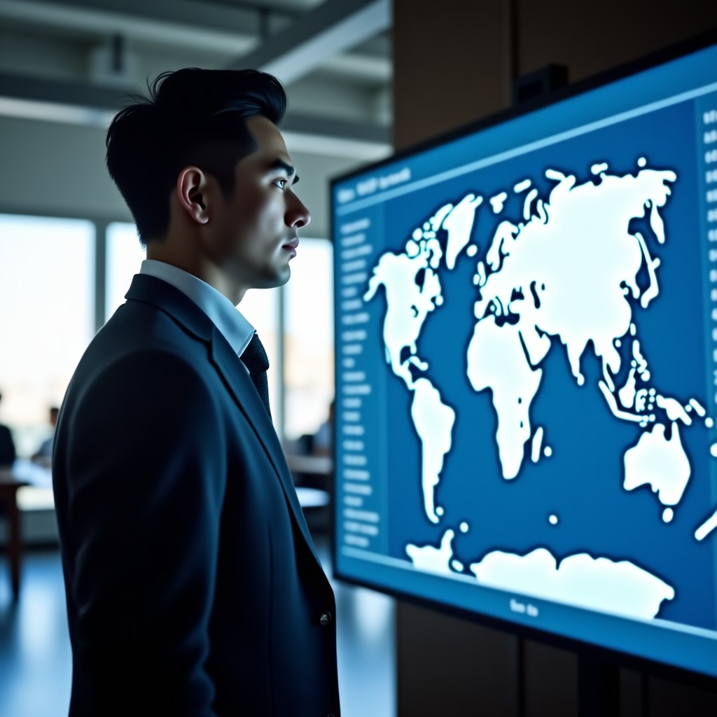 A Korean businessman in a suit looking at a large digital screen displaying global tech market trends. Thoughtful expression, modern high-end office environment. 4:3
