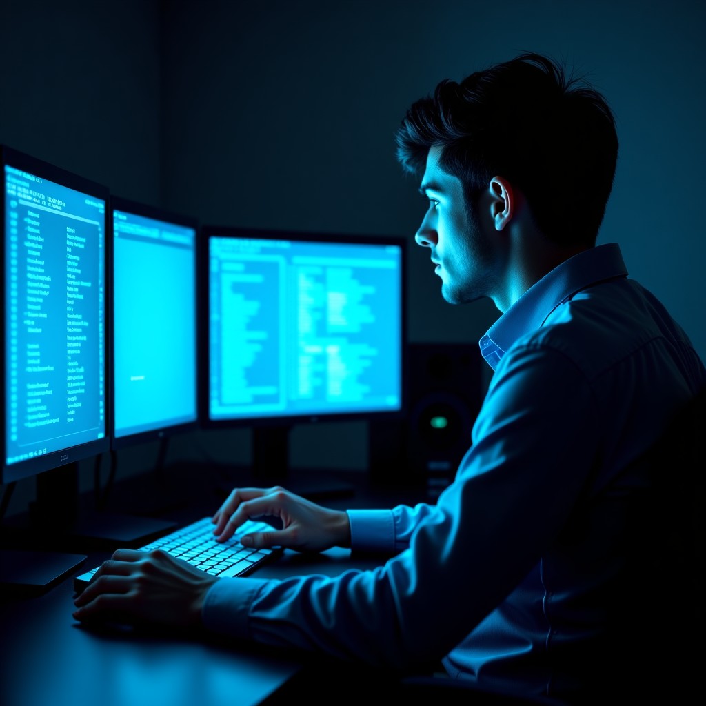 A detailed composition of a person analyzing digital files on multiple screens in a dark room, blue light reflecting on the face, intense and focused mood, 1:1