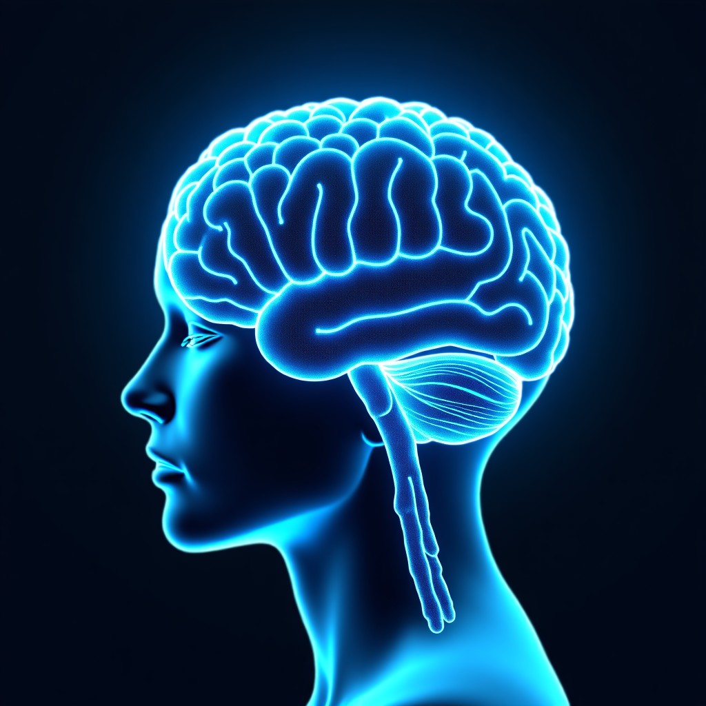 A conceptual illustration showing a digital neural network intertwining with a human brain shape using glowing blue lines 1:1