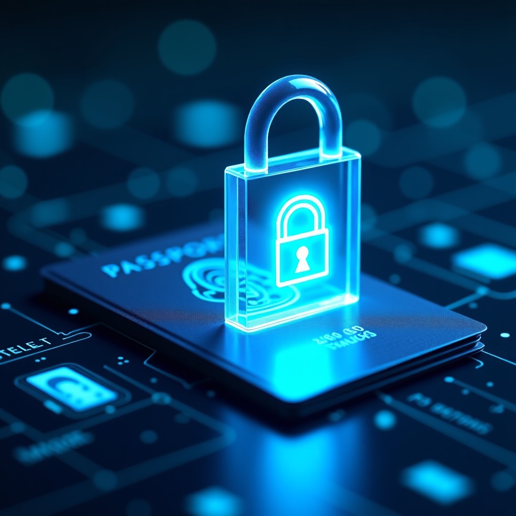 Abstract representation of digital identity documents like a passport and ID card being protected by a translucent digital lock, glowing blue and silver color palette, futuristic tech atmosphere, 4:3