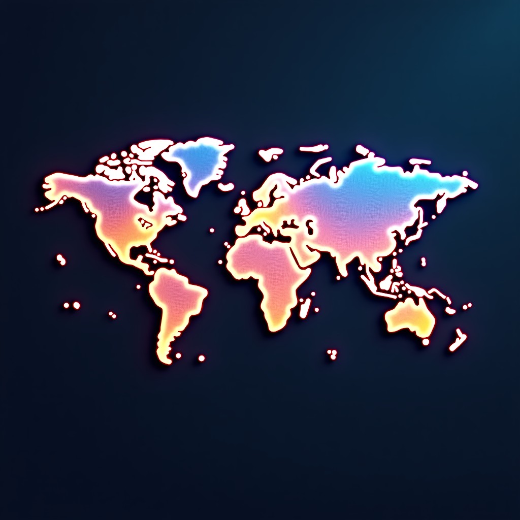 Digital representation of a global network connecting India with major world powers, glowing fiber optic lines on a stylized world map, professional and high-tech aesthetic, vibrant colors, 4:3