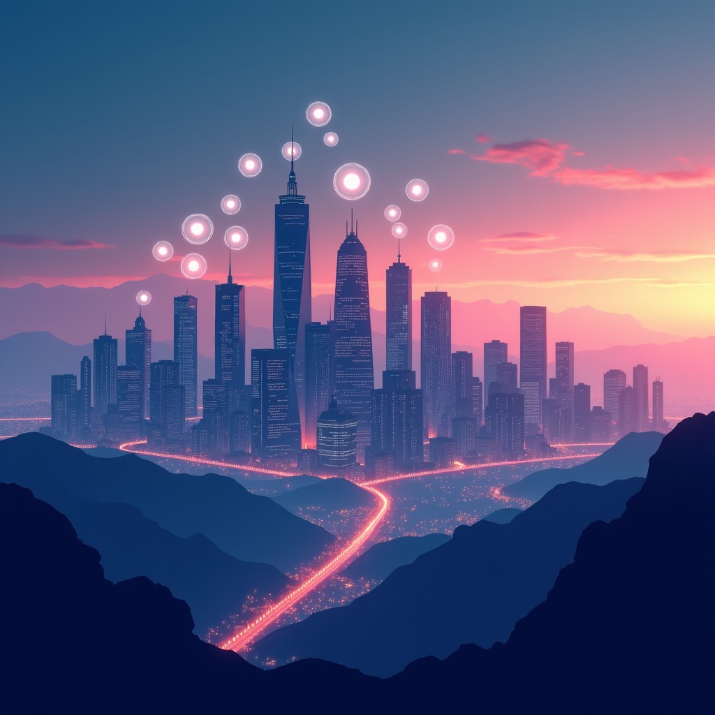 A futuristic city skyline at dusk with floating digital icons representing AI connections, Moltbook era, 1:1