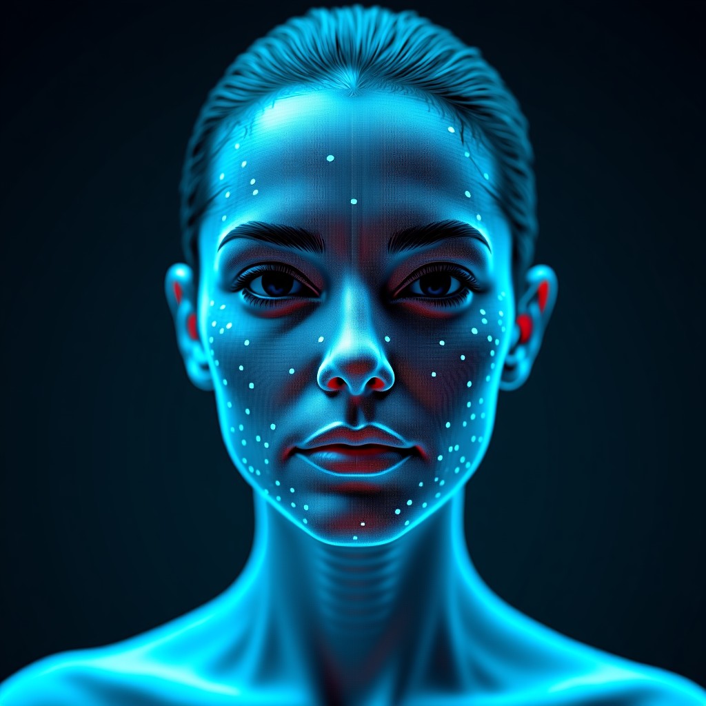 A conceptual high-tech visualization of facial recognition technology with digital scanning grids over a diverse human face, symbolizing AI data processing and algorithmic bias, cinematic lighting, futuristic blue and cyan tones, 4:3