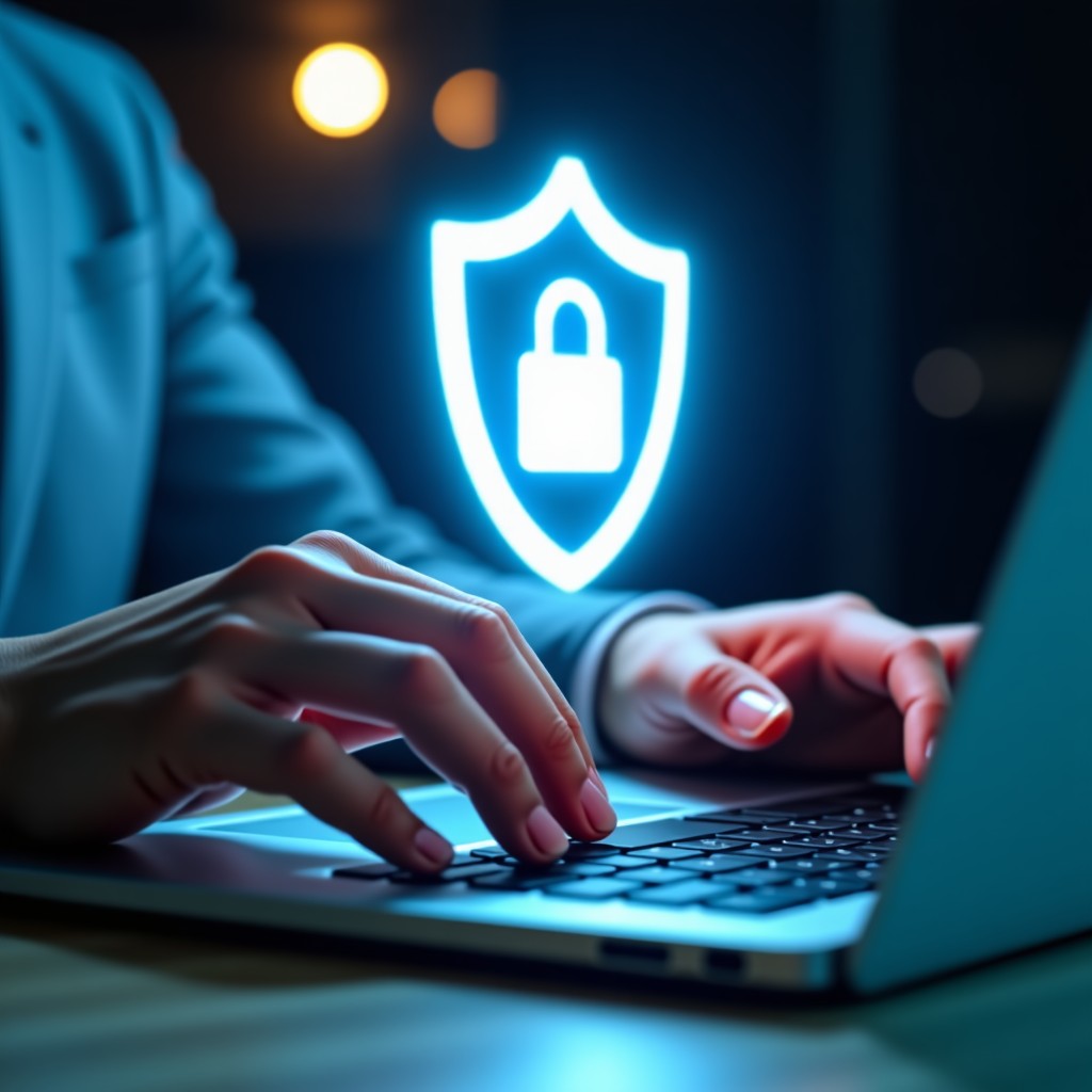 A close-up of a person's hands typing on a laptop with a glowing shield overlay symbolizing digital security and protection. Professional and clean aesthetic with soft lighting. 4:3