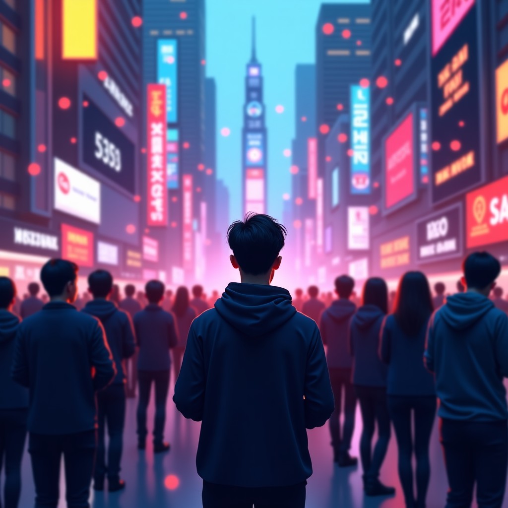 A person standing in a crowded neon city where everyone is looking at their phones with digital symbols floating around them, high contrast, 4:3