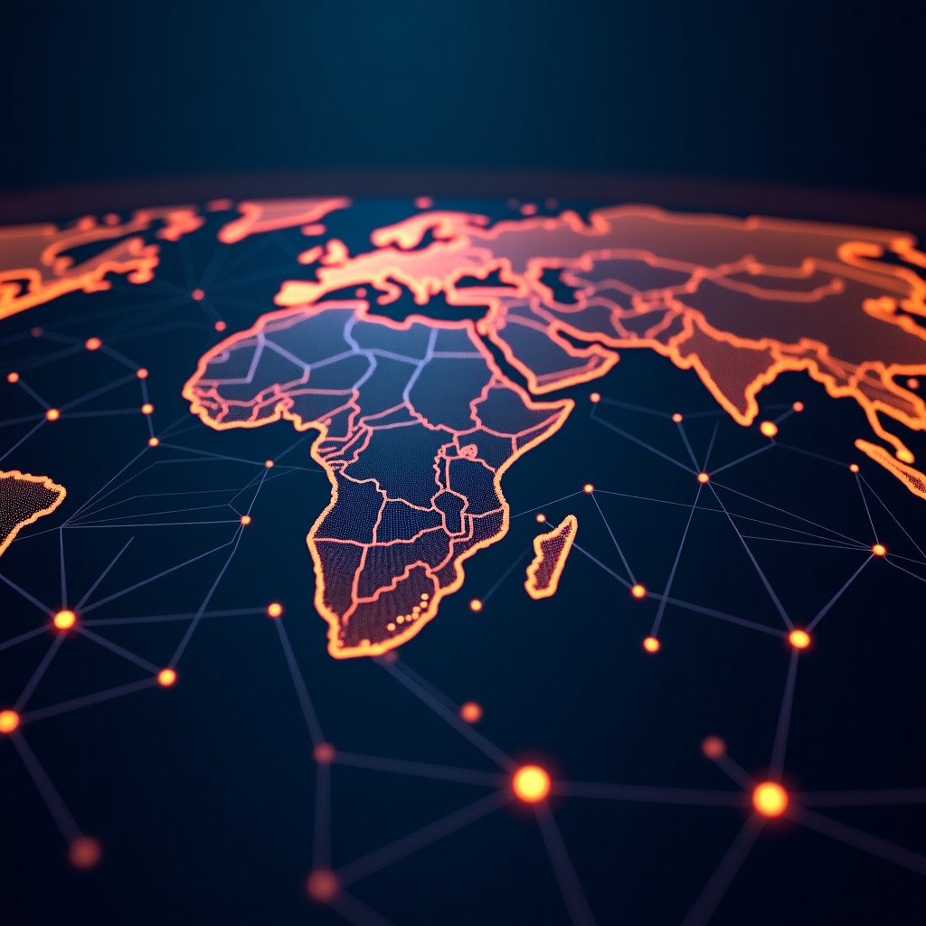 A complex network of glowing dots and lines connecting across a dark background, representing a global data sync and server network. Detailed composition with a sense of depth and technology. 4:3