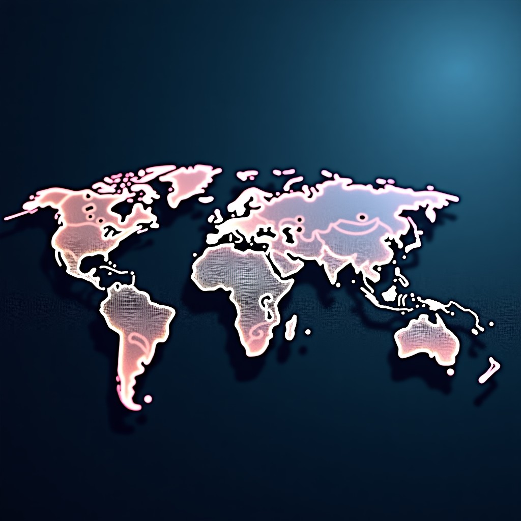 Abstract visualization of global connectivity and digital growth. Interconnected glowing lines forming a map and gears, symbolizing technology and business harmony. Textured background, sophisticated style, 4:3.